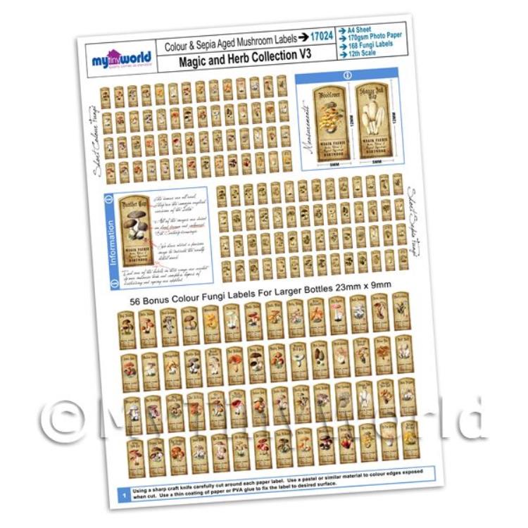 Dolls House Full Set of 168 Color And Sepia Fungi Label A4 Value Sheet