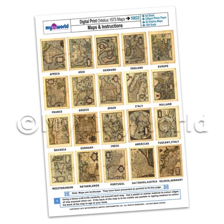 Set Of 20 Dolls House Miniature Old Maps From 1573 - Set 1 A4 Value Sheet