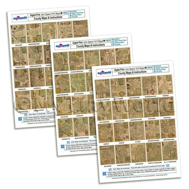 Dolls House 3 x Aged John Speed UK County Maps A4 Value Sheets (60 Maps)