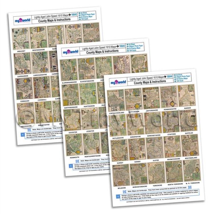 Dolls House 3 x John Speed UK County Maps A4 Value Sheets (60 Maps)