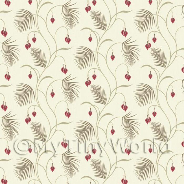 Dolls House Miniature Styalised Fern With Red Flowers Wallpaper