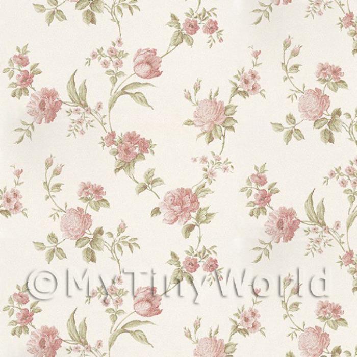 Dolls House Miniature Mixed Pink Flowers On Pale White Wallpaper