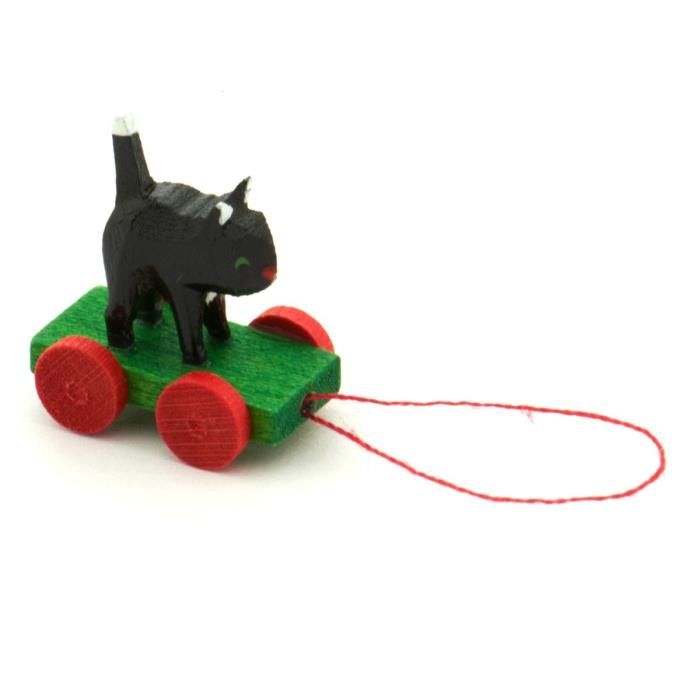 Handmade German Wood Black Cat Pull-a-long toy