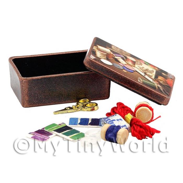 Dolls House Miniature Metal Sewing Box With 10 Accessories