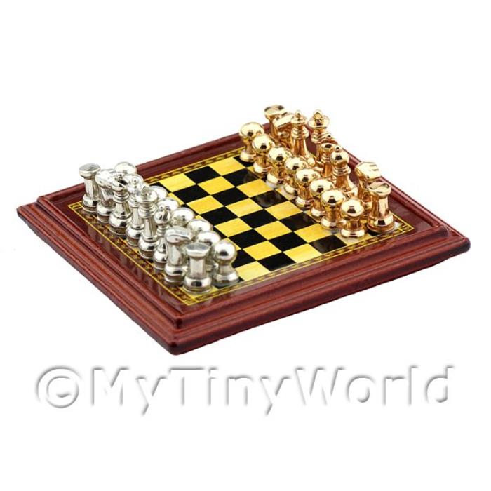 Dolls House Miniature Wood Chess Board With Metal Playing Pieces