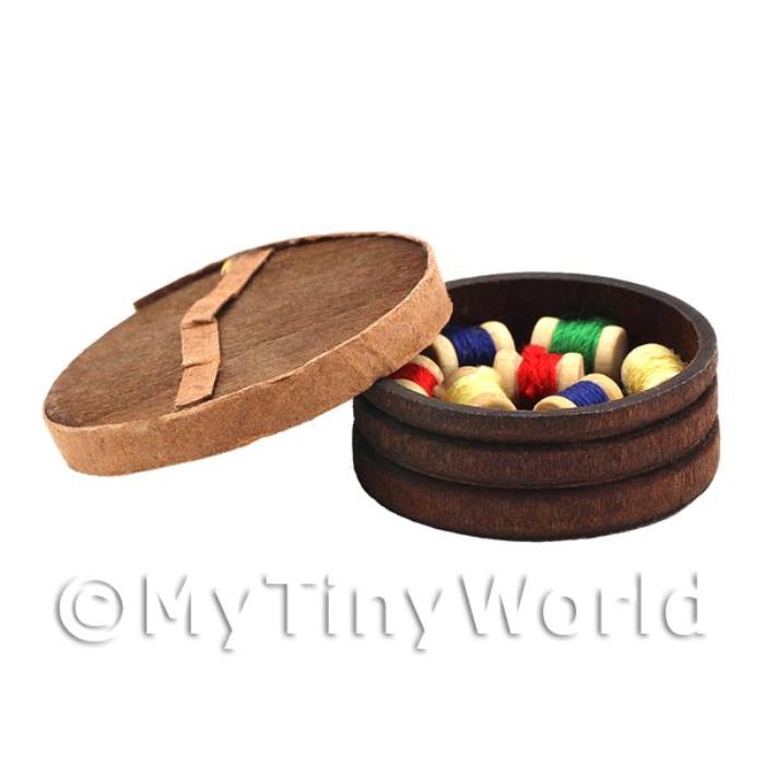 Dolls House Wooden Pot And Lid With 10 Assorted Cotton Reels