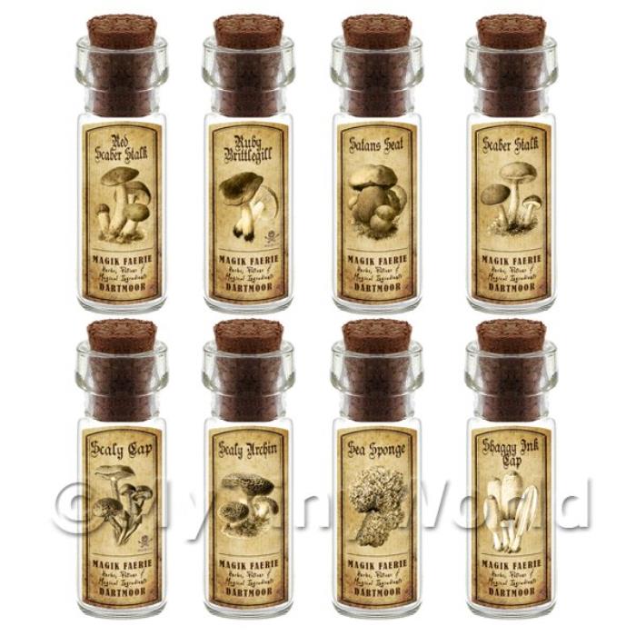 Dolls House Miniature Apothecary 8 Fungus / Mushroom Bottle And Labels Set 5