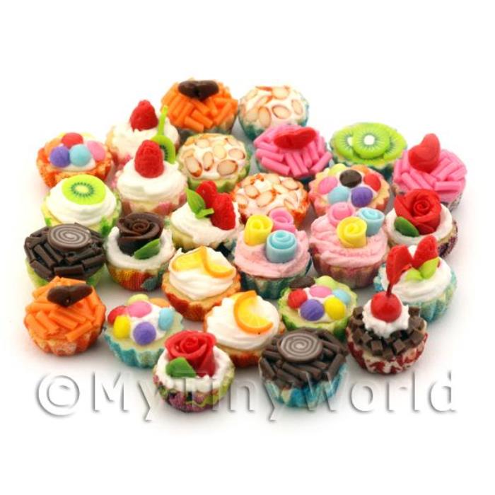 25 Miniature Mixed Design Cupcakes With Various Colour Bases
