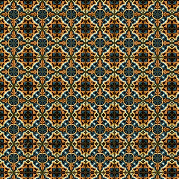 Miniature Dark Orange And Blue Aztec Style Tile Sheet With Brown Grout