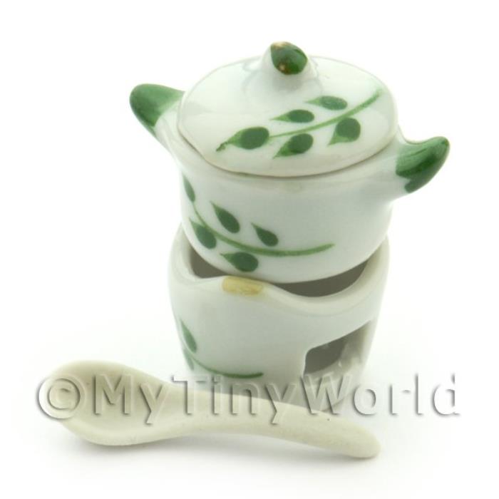 Dolls House Miniature Ceramic Fondue Set With Olive Branch