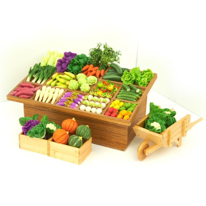 Huge 16 section vegetable counter with wheelbarrow and crates