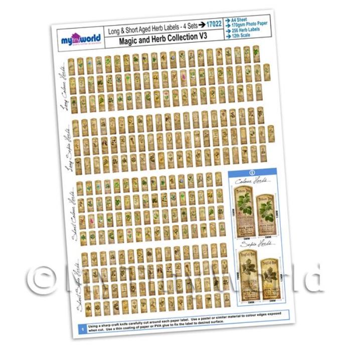 Dolls House Full Set of 256 Long And Short Herb Label A4 Value Sheet