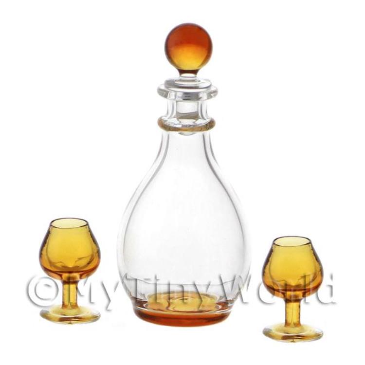 Dolls House Miniature Handmade Amber Glass Decanter With 2 Glasses