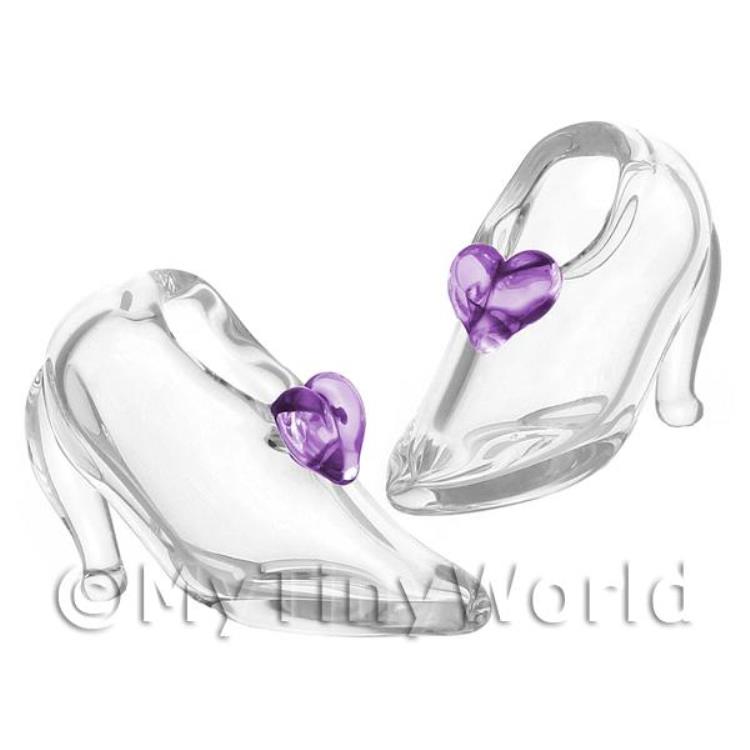 Dolls House Miniature Handmade Glass Shoes With A Purple Love Heart