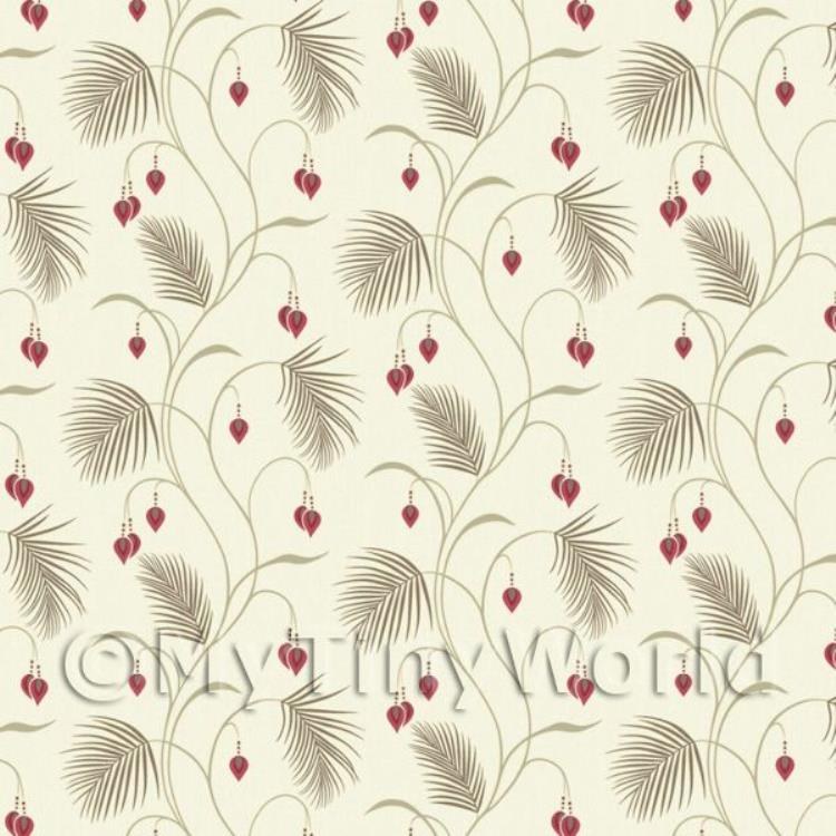 Dolls House Miniature Styalised Fern With Red Flowers Wallpaper