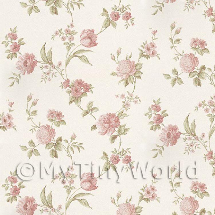 Dolls House Miniature Mixed Pink Flowers On Pale White Wallpaper