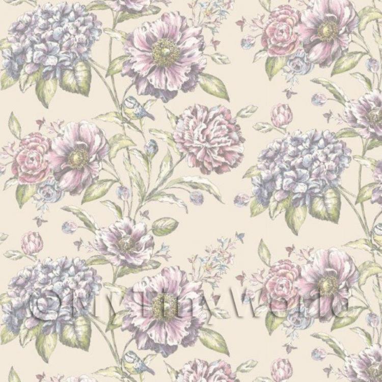 Dolls House Miniature Pink And Violet Mixed Flowers On Cream Wallpaper