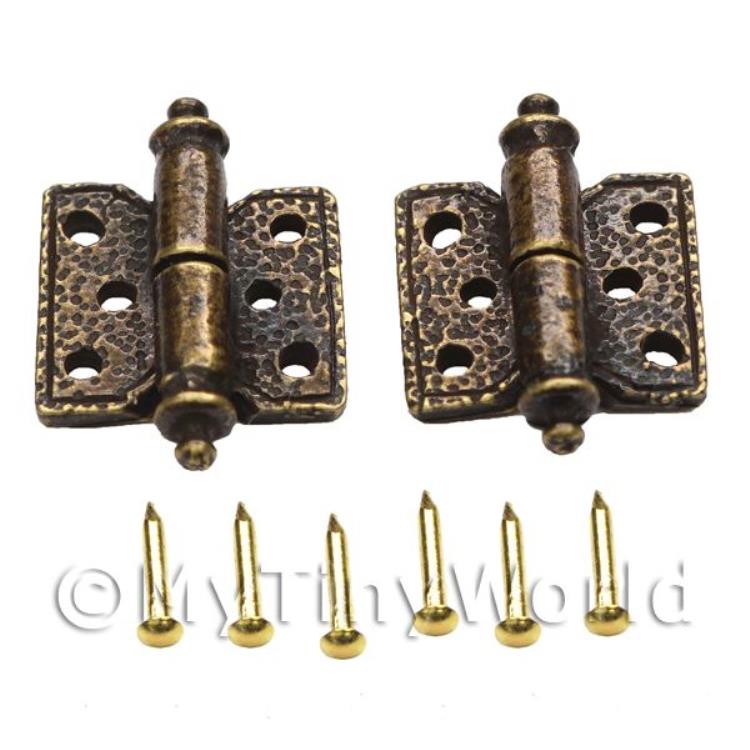 2x Dolls House Ornate Antique Hammered Brass Square Hinges And Screws