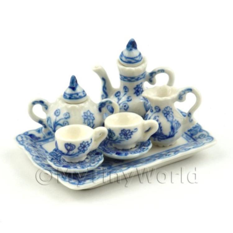 Dolls House Miniature Fine Old Style Coffee Set with rectangular tray/blue/