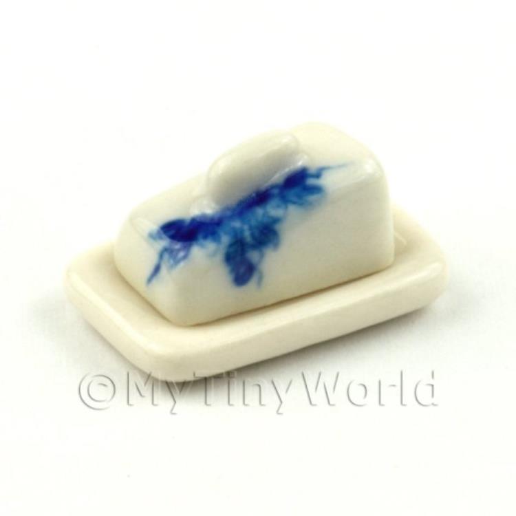 Dolls House Miniature  White And Blue Ceramic Butter Dish / Cheese Dish