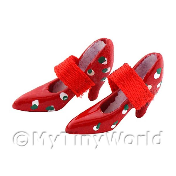 Dolls House Miniature Red Polker Dot Shoes With Strap