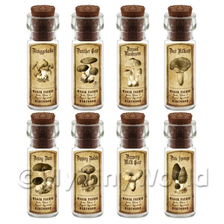 Dolls House Miniature Apothecary 8 Fungus / Mushroom Bottle And Labels Set 3