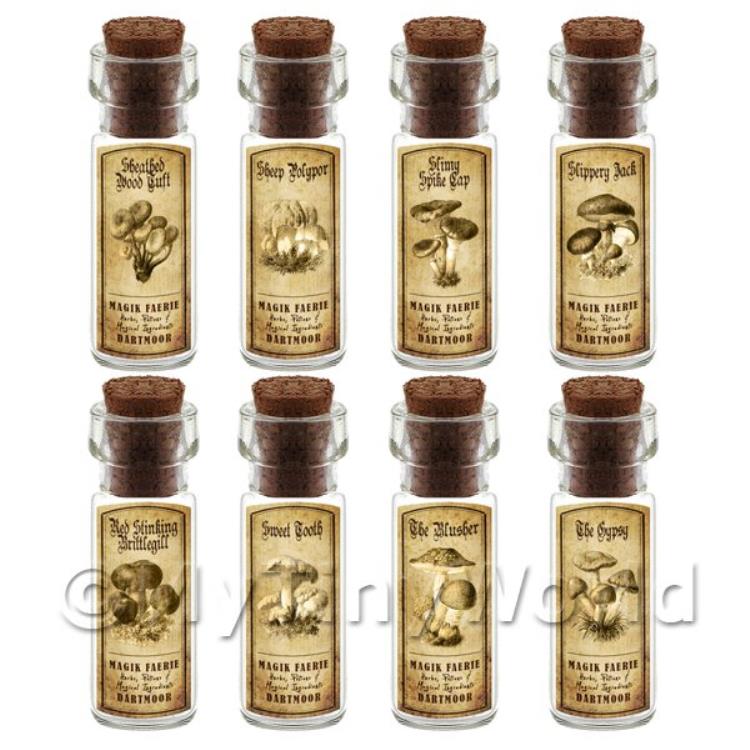 Dolls House Miniature Apothecary 8 Fungus / Mushroom Bottle And Labels Set 6