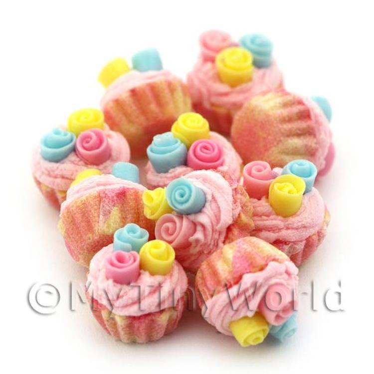 Miniature Pastel Fondant Roses Cupcake With Pink And Yellow Paper Cup