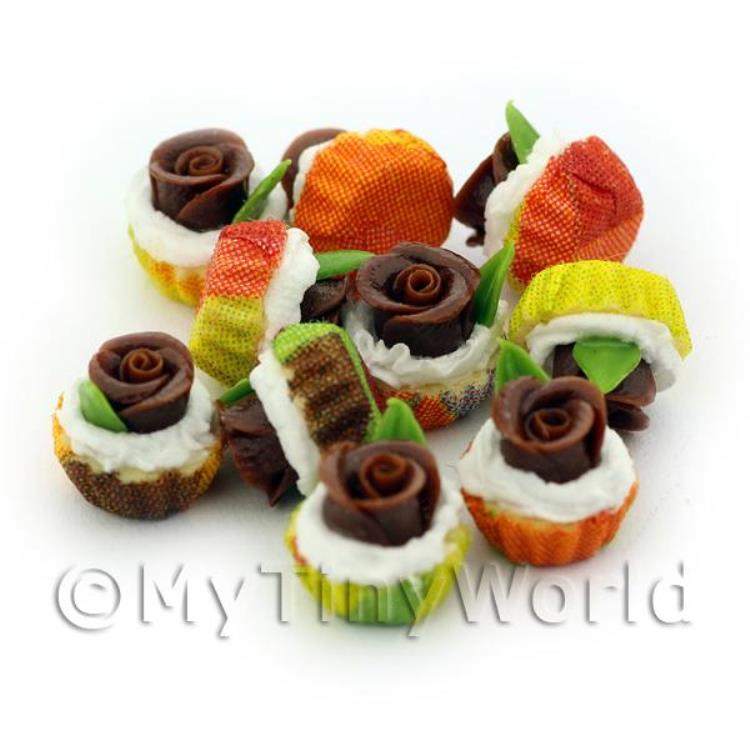 Miniature Chocolate Fondant Rose Cupcake With Mixed Colour Paper Cups