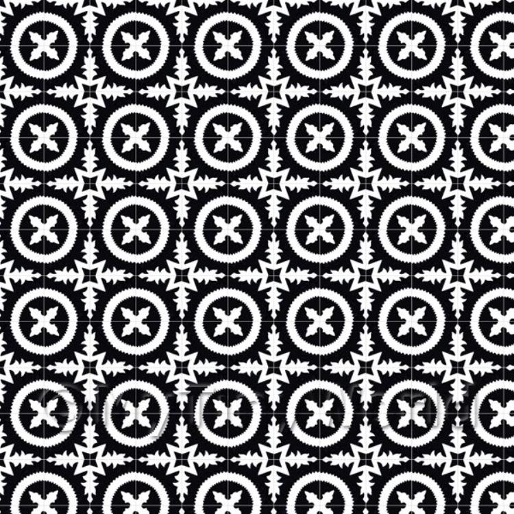 Miniature Black And White Floral Circle Design Tile Sheet With Grey Grout