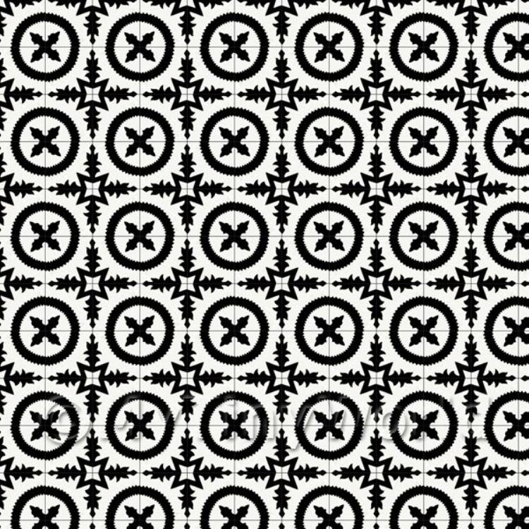 Miniature Black Bordered Floral Circle Design Tile Sheet With Black Grout