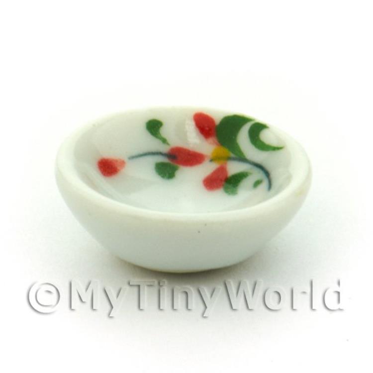 Dolls House Miniature 16mm Ceramic Bowl With Internal Red Orchid Design