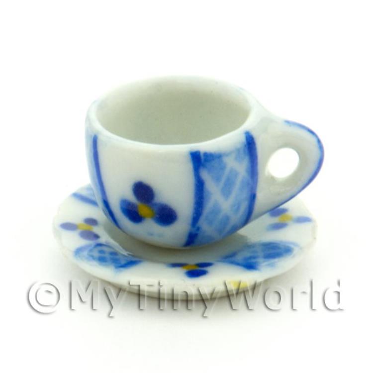 Dolls House Miniature Ceramic Cup And Saucer With Blue Lace Design
