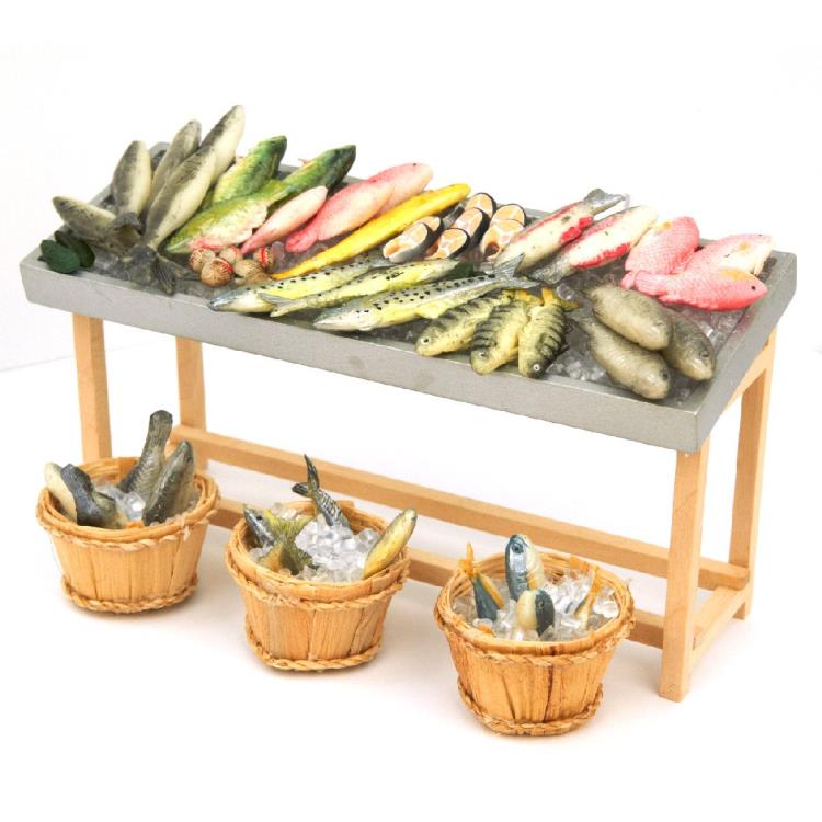 Dolls House Miniature Fish counter with fish and baskets