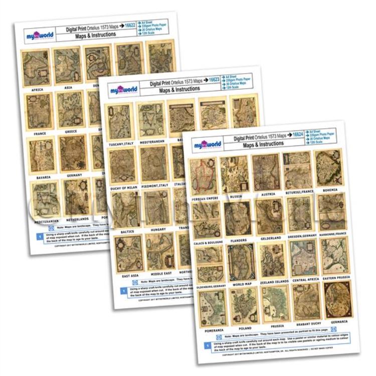 Full Set Of 60 Dolls House Miniature Old Maps From 1573 - A4 Value Sheets